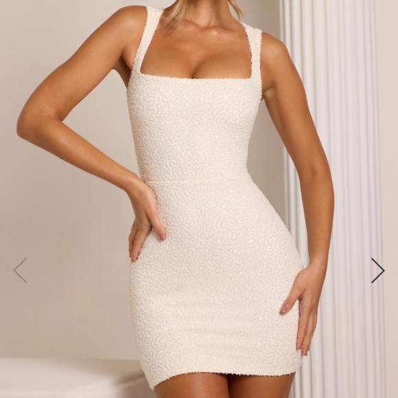 Embellished Square Neck Mini Dress in White - Picture 1 of 6